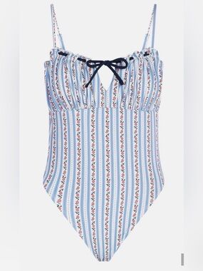 NWT Kacey Lee Blue Floral Stripe One-Piece Swimsuit with Tie